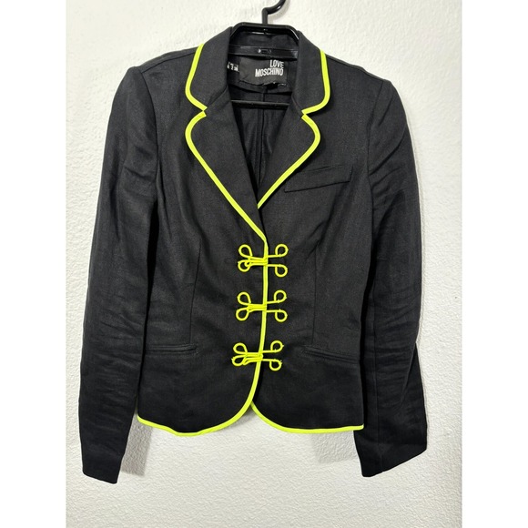 Love Moschino Jackets & Blazers - Love Moschino Blazer Womens 2 Black Neon Piping Military Linen Jacket Hooks